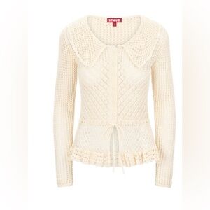 STAUD Cream Crochet Knit Cardigan with Peter Pan Collar
